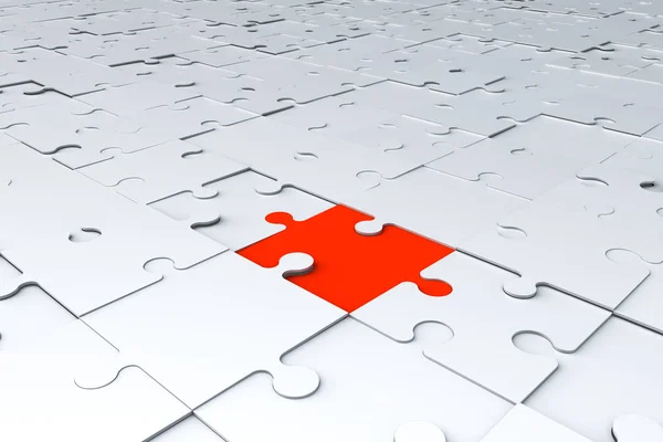One Red Puzzle Piece on White Jigsaw Puzzle — Stock Photo, Image