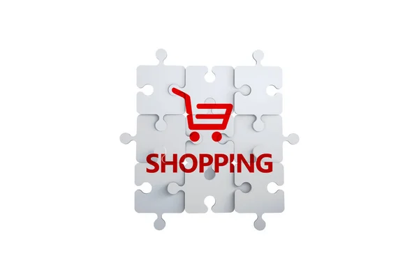 Shopping ikon och Text på pusselbitar — Stockfoto