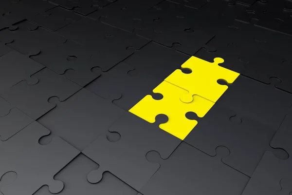 暗いジグソー パズルの 2 つの黄色のパズルのピース — ストック写真