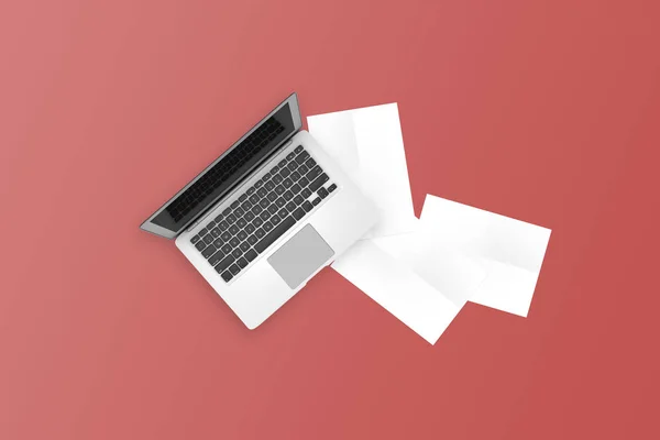 Single Laptop and Empty Papers — Stock Photo, Image