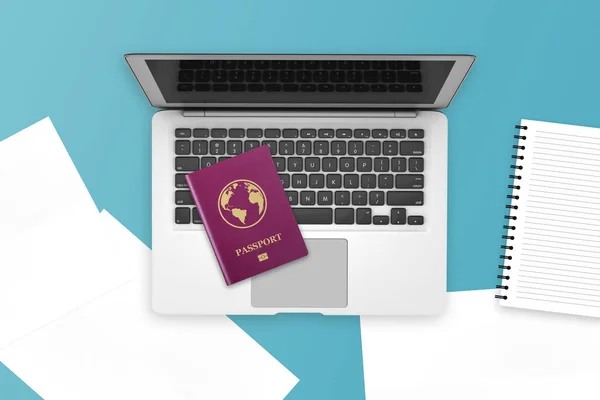 Laptop com Passaporte Realista Vermelho e Documentos — Fotografia de Stock