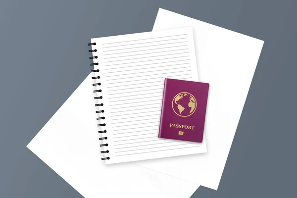 Pasaporte Internacional Realista Rojo con Documento a4 y Notebo — Foto de Stock