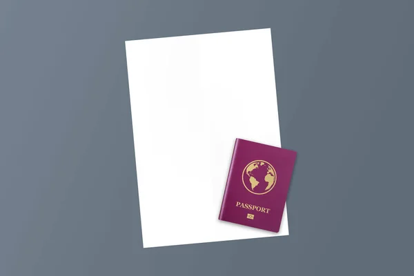 Κόκκινο ρεαλιστικό διεθνές διαβατήριο με έγγραφο a4 — Φωτογραφία Αρχείου