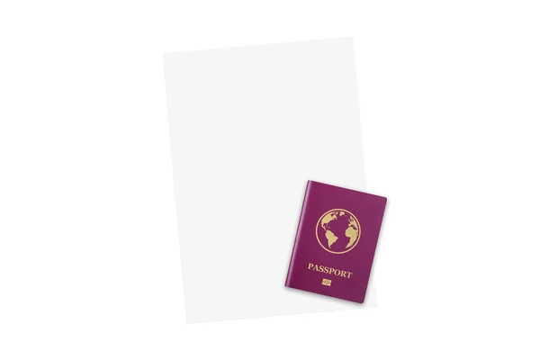 Roter realistischer internationaler Reisepass mit a4 Dokument — Stockfoto