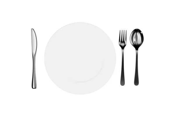 Piatto bianco bianco e forchetta, cucchiaio, coltello con dollaro Banconote o — Foto Stock