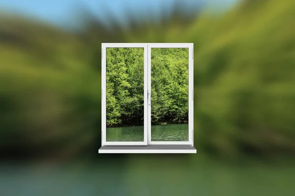 Fenster und natürlicher Wald und See draußen — Stockfoto