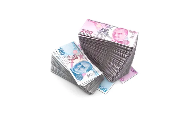 Dek van Turkse Liras bankbiljetten op wit — Stockfoto