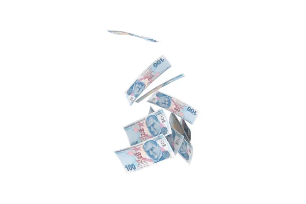 Turecké liry bankovky padající a létající kolem bílého — Stock fotografie