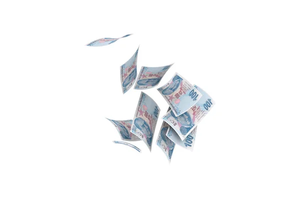 Turco Liras Notas caindo e voando em torno de branco — Fotografia de Stock