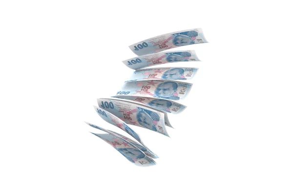 Turkiska liras sedlar faller och flyger runt på vitt — Stockfoto