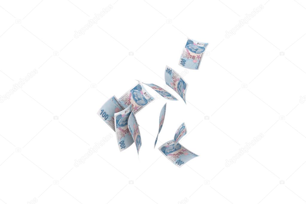 Turkish Liras Banknotes Falling and Flying Around on White