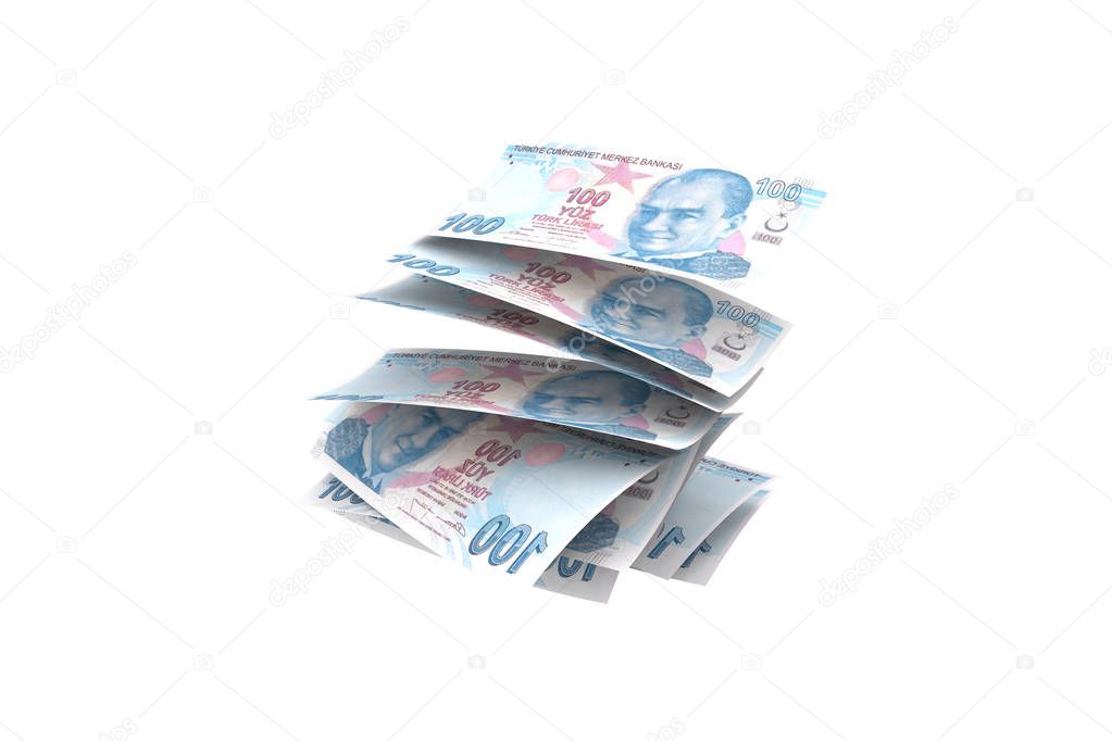 Turkish Liras Banknotes Falling and Flying Around on White