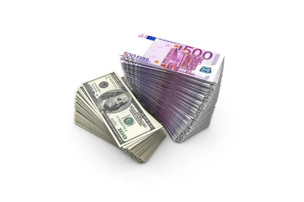 五百欧元和一百美元钞票的甲板在Wh — 图库照片