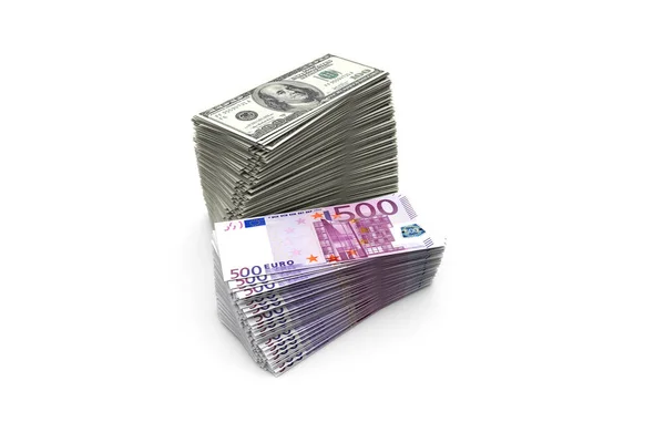 五百欧元和一百美元钞票的甲板在Wh — 图库照片