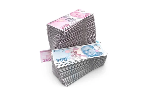 Pont de billets de banque turcs Liras sur Blanc — Photo