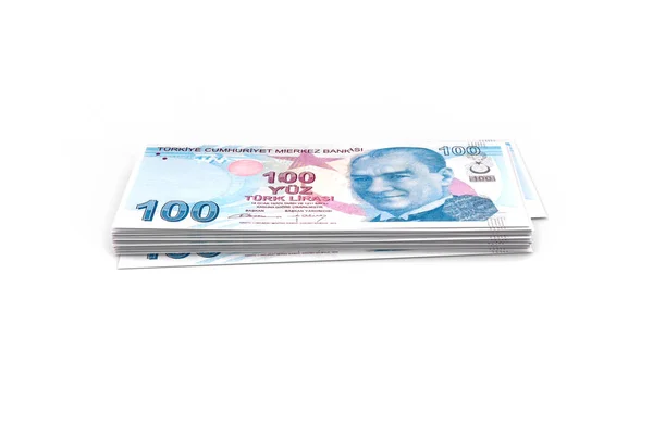 Палуба турецких банкнот Лираса на белом — стоковое фото