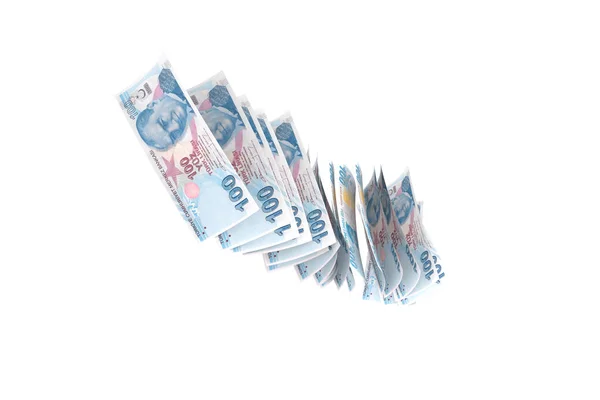 Billetes turcos de Liras cayendo y volando sobre blanco — Foto de Stock