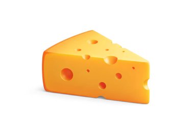 Pürüzsüz yüzeyli ve karakteristik delikli üç boyutlu peynir dilimleri, beyaz arka planda izole edilmiş, süt ürünlerini, abur cuburları ve çizgi film tarzı gıda görsellerini temsil eden.