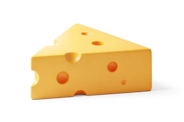 Pürüzsüz yüzeyli ve karakteristik delikli üç boyutlu peynir dilimleri, beyaz arka planda izole edilmiş, süt ürünlerini, abur cuburları ve çizgi film tarzı gıda görsellerini temsil eden.
