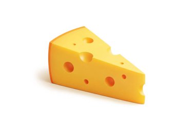 Pürüzsüz yüzeyli ve karakteristik delikli üç boyutlu peynir dilimleri, beyaz arka planda izole edilmiş, süt ürünlerini, abur cuburları ve çizgi film tarzı gıda görsellerini temsil eden.