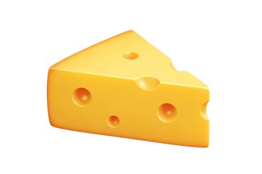 Pürüzsüz yüzeyli ve karakteristik delikli üç boyutlu peynir dilimleri, beyaz arka planda izole edilmiş, süt ürünlerini, abur cuburları ve çizgi film tarzı gıda görsellerini temsil eden.
