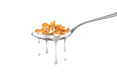 Parlak bir kaşıkta beyaz arka planda izole edilmiş gevrek altın mısır gevreğiyle üç boyutlu süt serpintisi. Dinamik bir kahvaltı konsepti taze ve enerjiyi temiz bir görüntüde yakalıyor..