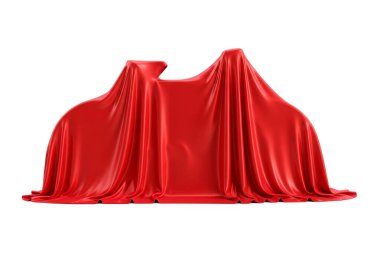 Kırmızı ipeksi kumaş örtülerinin altında gizemleri, ürün tanıtımını, tanıtımını, tanıtımını veya tanıtım amaçlı görsel efektlerini temsil eden, beyaz arkaplandaki izole edilmiş üç boyutlu motosiklet veya bisikletlerin üç boyutlu görüntülenmesi.