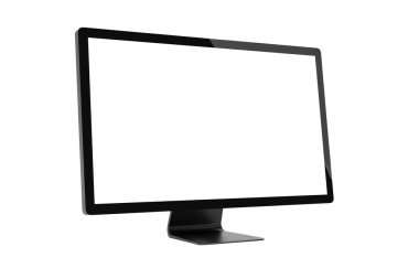 Boş ekranlı modern masaüstü bilgisayar monitörlerinin 3d görüntülenmesi, beyaz arkaplanda izole edilmiş, UI / UX modellemeleri, yazılım sunumları, ürün gösterimi ve teknoloji görselleri için ideal.