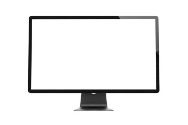 Boş ekranlı modern masaüstü bilgisayar monitörlerinin 3d görüntülenmesi, beyaz arkaplanda izole edilmiş, UI / UX modellemeleri, yazılım sunumları, ürün gösterimi ve teknoloji görselleri için ideal.