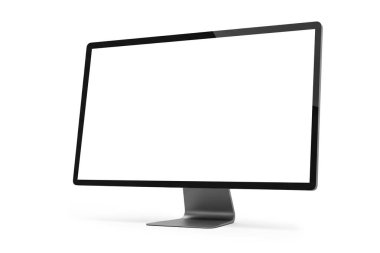 Boş ekranlı modern masaüstü bilgisayar monitörlerinin 3d görüntülenmesi, beyaz arkaplanda izole edilmiş, UI / UX modellemeleri, yazılım sunumları, ürün gösterimi ve teknoloji görselleri için ideal.