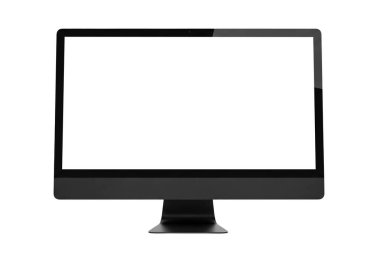 Boş ekranlı modern masaüstü bilgisayar monitörlerinin 3d görüntülenmesi, beyaz arkaplanda izole edilmiş, UI / UX modellemeleri, yazılım sunumları, ürün gösterimi ve teknoloji görselleri için ideal.