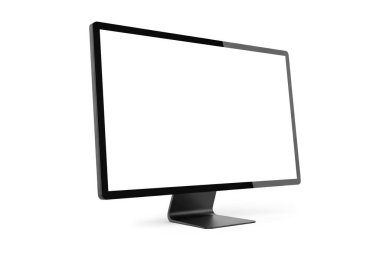 Boş ekranlı modern masaüstü bilgisayar monitörlerinin 3d görüntülenmesi, beyaz arkaplanda izole edilmiş, UI / UX modellemeleri, yazılım sunumları, ürün gösterimi ve teknoloji görselleri için ideal.