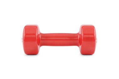3d rendering of a single red dumbbell placed horizontally, isolated on white background, representing basic fitness, lightweight training, and beginner home workout equipment.