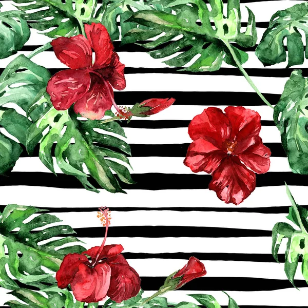 Fondo de playa de verano. Patrón sin costura de acuarela. Motivo de verano tropical pintado a mano con Monstera e Hibiscus — Foto de Stock