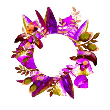 Daire çerçeve çiçek ile. Elle çizilmiş suluboya resim. Bir baskı kumaş veya çerçeve için Sayın metin için kullanılabilir