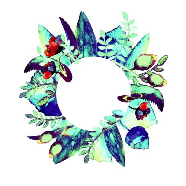 Daire çerçeve çiçek ile. Elle çizilmiş suluboya resim. Bir baskı kumaş veya çerçeve için Sayın metin için kullanılabilir