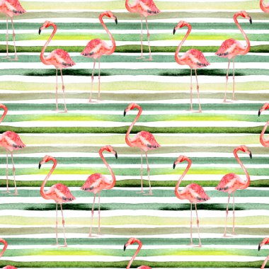 Yaz plaj arka plan. Sulu Boya Dikişsiz desen. El Tropic yaz Motif Flamingo ve şerit ile boyalı