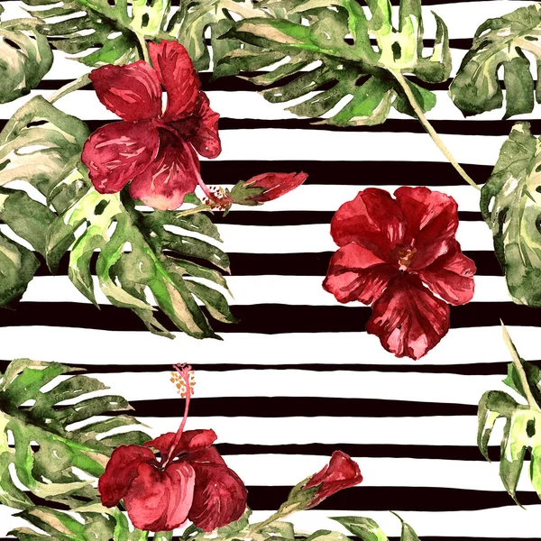 Summer Beach Background. Motif sans couture aquarelle. Motif d'été tropical peint à la main avec Monstera et Hibiscus — Photo