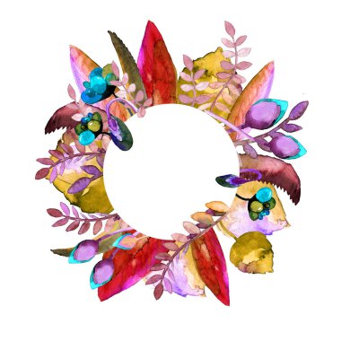 Daire çerçeve çiçek ile. Elle çizilmiş suluboya resim. Bir baskı kumaş veya çerçeve için Sayın metin için kullanılabilir