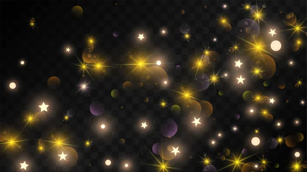 Wiele losowych objętych złote gwiazdy konfetti na czarnym tle. Wektor gwiazdy niebo — Wektor stockowy