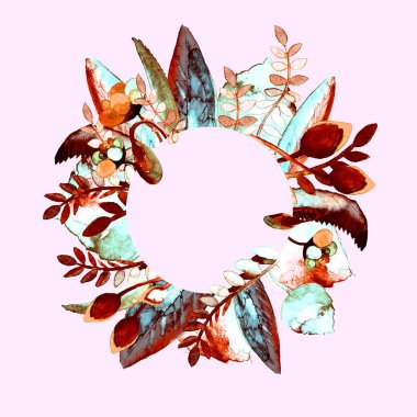 Daire çerçeve çiçek ile. Elle çizilmiş suluboya resim. Bir baskı kumaş veya çerçeve için Sayın metin için kullanılabilir