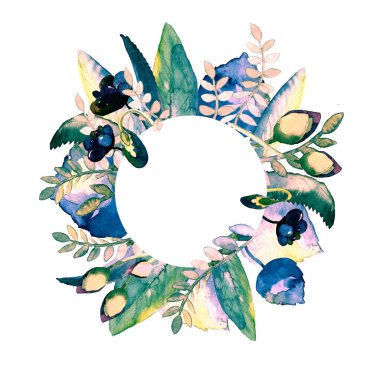 Daire çerçeve çiçek ile. Elle çizilmiş suluboya resim. Bir baskı kumaş veya çerçeve için Sayın metin için kullanılabilir