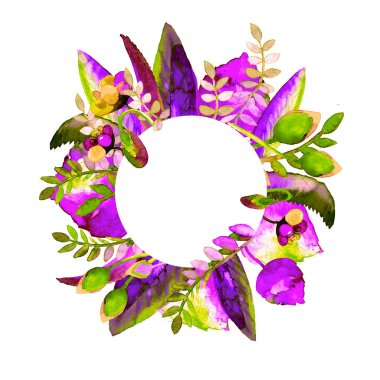 Daire çerçeve çiçek ile. Elle çizilmiş suluboya resim. Bir baskı kumaş veya çerçeve için Sayın metin için kullanılabilir