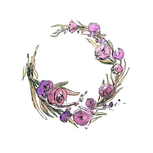 Watercolor Wreath with Spring Flowers. Can be used as a Print for Fabric, Background for Wedding Invitation, Romantic Greeting Card. — Stock Photo, Image