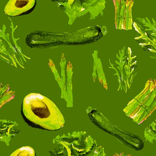 Vegetarian Seamless Pattern. Repeatable Pattern with Healthy Food. Hand Drawn Watercolor Vegetables. — Stock Photo, Image