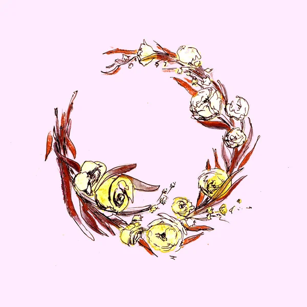 Aquarel krans met Lentebloemen. Kan worden gebruikt als een Print voor stof, achtergrond voor bruiloft uitnodiging, romantische wenskaart. — Stockfoto