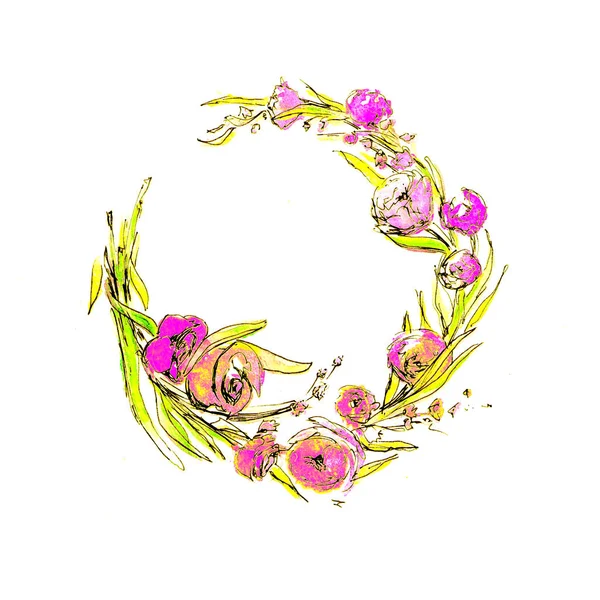 Watercolor Wreath with Spring Flowers. Can be used as a Print for Fabric, Background for Wedding Invitation, Romantic Greeting Card. — Stock Photo, Image