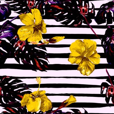 Yaz plaj arka plan. Sulu Boya Dikişsiz desen. El Tropic yaz Motif Monstera ve ebegümeci ile boyalı