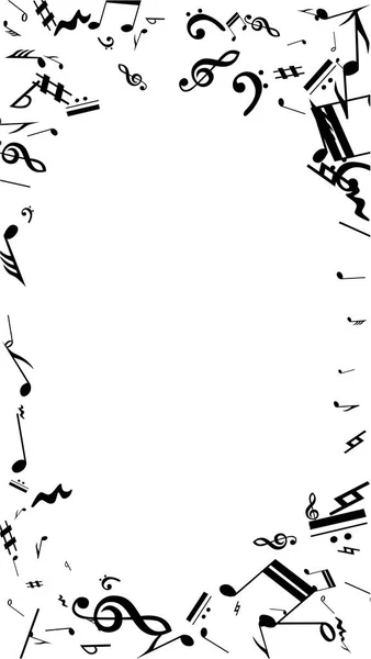 白色背景上的黑色音乐音符。许多随机下落的音符, 低音和高音谱号. — 图库矢量图片