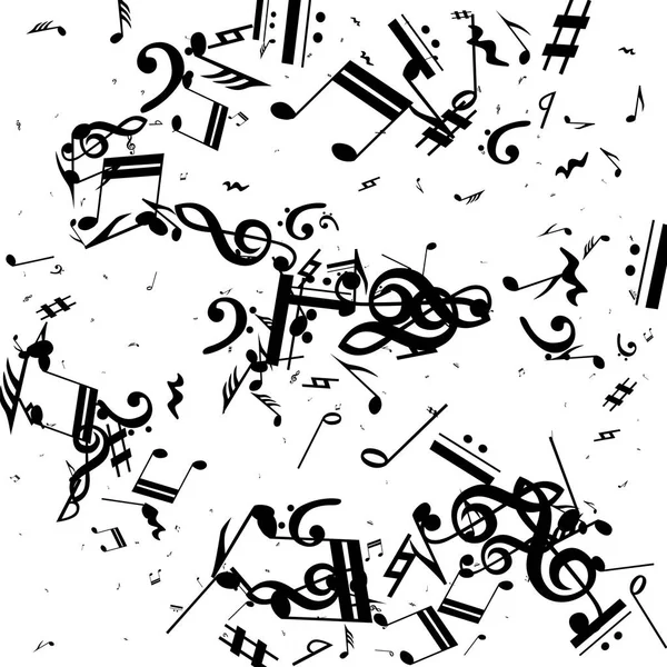 Black Musical Notes on White Background (en inglés). Muchas notas de caída aleatoria, bajo y agudos Clef . — Archivo Imágenes Vectoriales